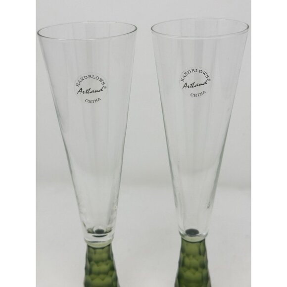 ARTLAND PRESCOTT Crystal Champagne Flutes Handblown Honeycomb GREEN Set of 2 - Picture 10 of 11